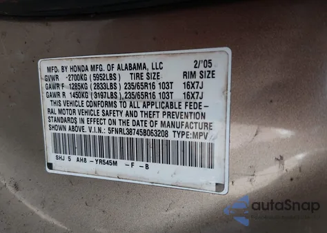 2005 Honda Odyssey Ex-L from USA, damaged, VIN 5FNRL38745B063208